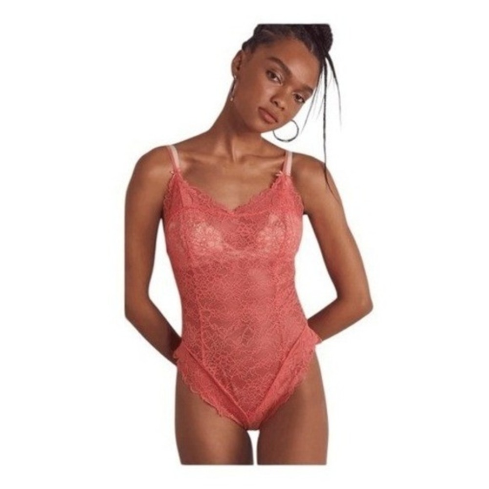 Free‎ People One Touch Bodysuit Coral Watermelon Sheer Floral Lace S